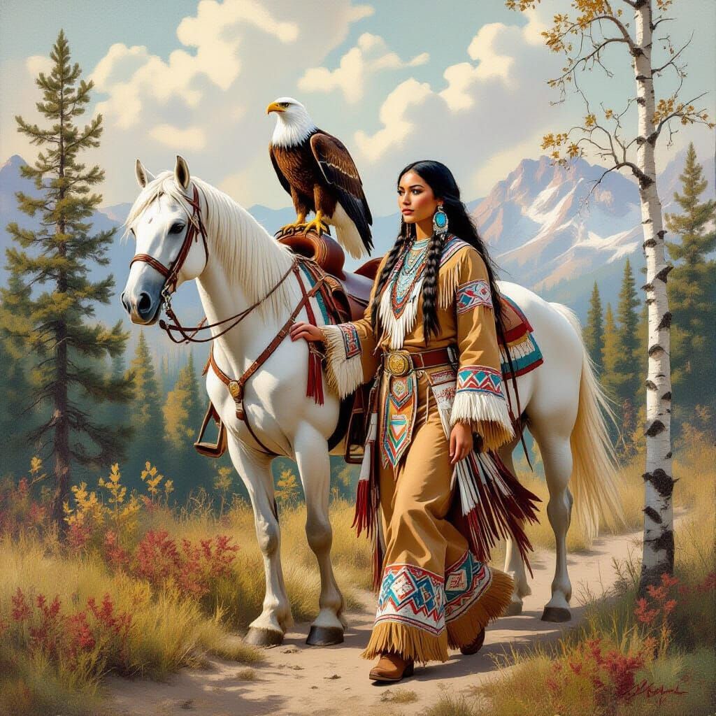 Native American Woman with Horse, Serene Landscape
