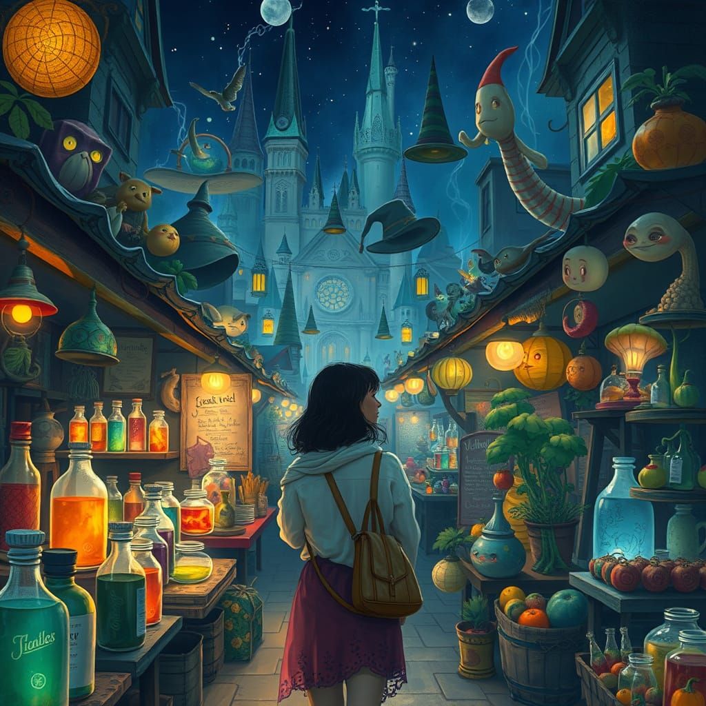 Enchanted Night Market Whimsy in Soft, Ethereal Lighting