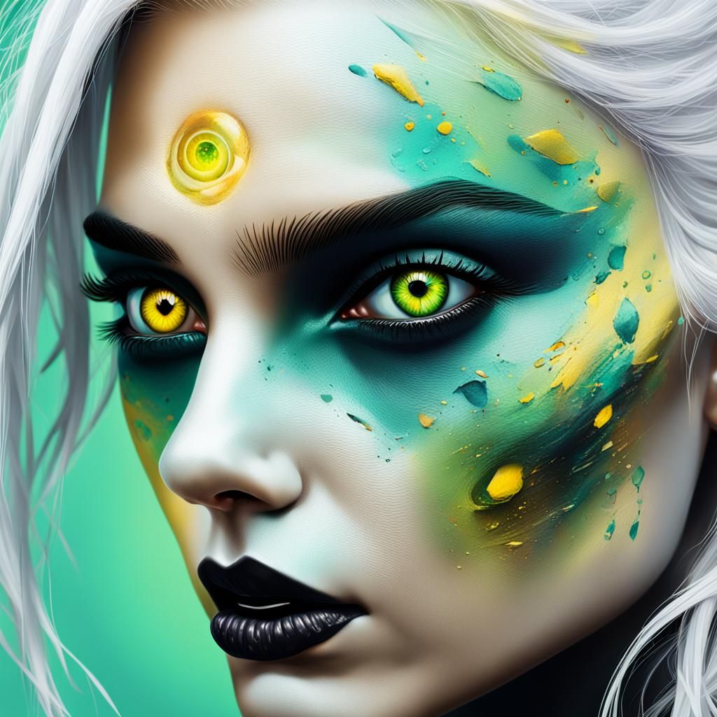 Hyperrealistic Portrait of a Pale Woman with Three Eyes