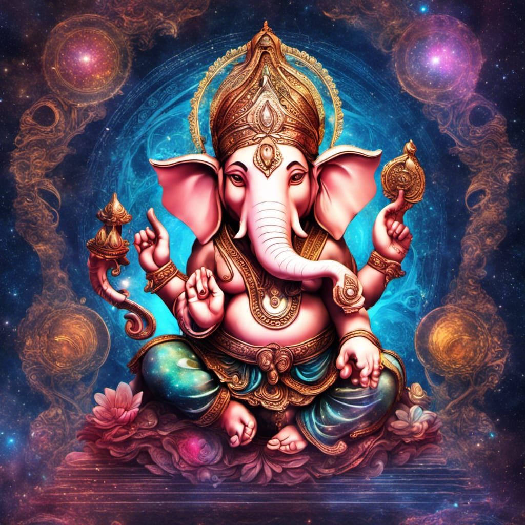 Holographic Ganesha Statue in Mixed Media Style