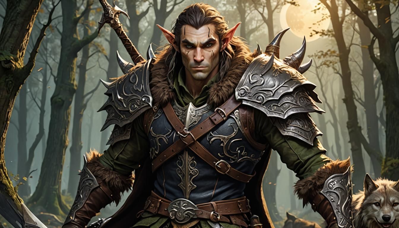 Forest Elf warrior is equipped with a sword, maybe a wolf, m...