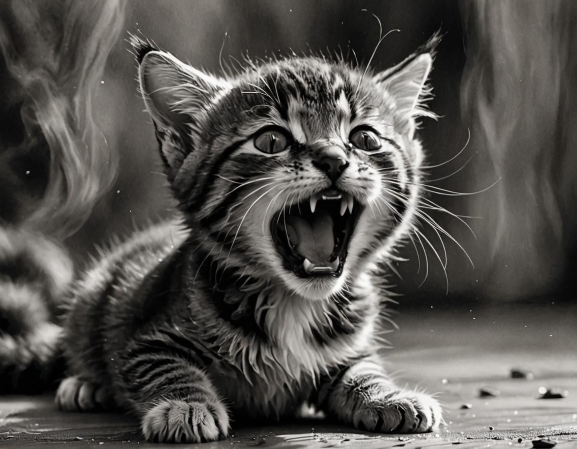 Yawning Kitten in Modern Ink Action Painting