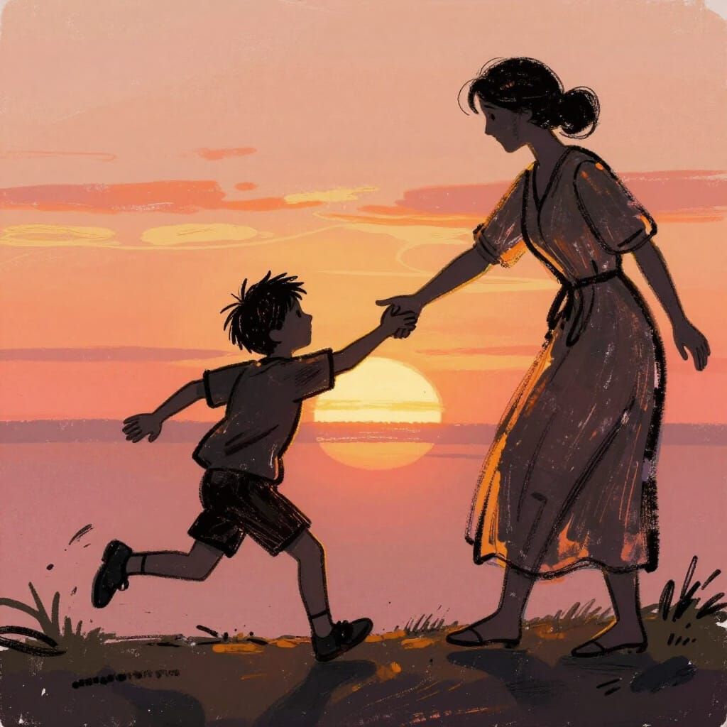 Joyful Reunion Silhouette at Sunset: Hand-Drawn Style