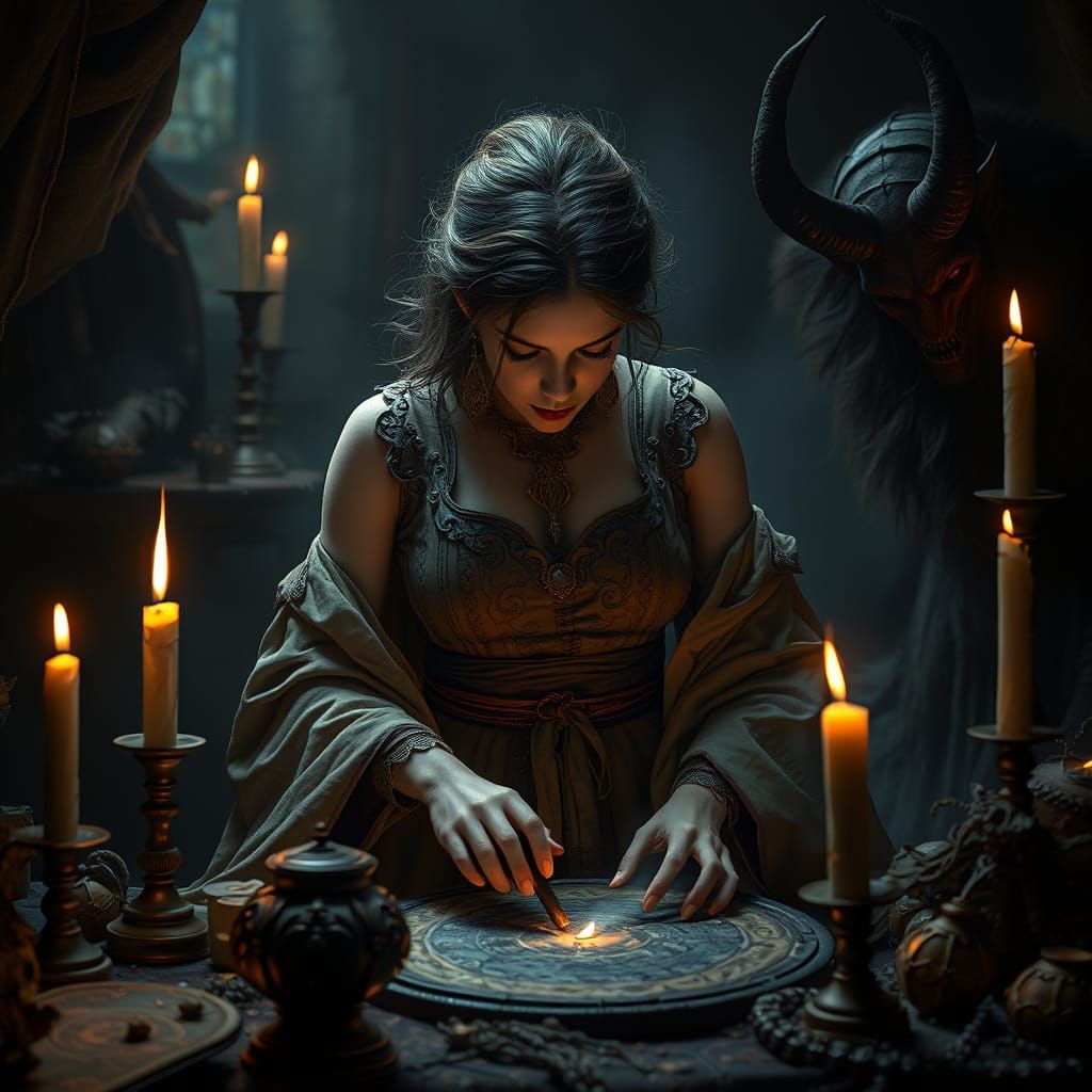 Elegant Mystic Confronts Dark Observer in Moody, Fantasy Sce...