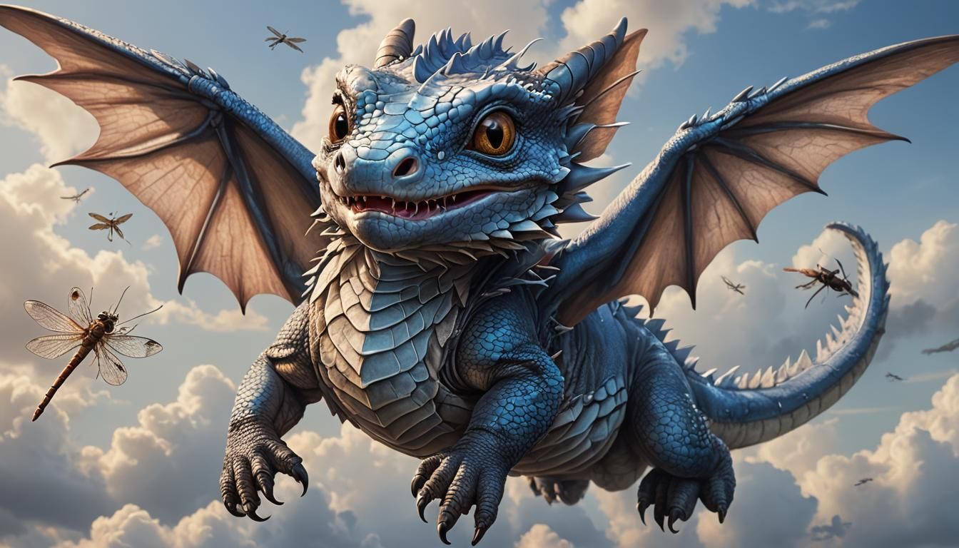 Adorable Baby Dragon Flight with Dragonfly