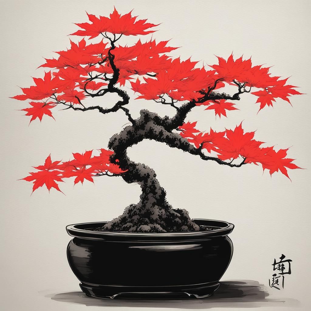 Red Maple Bonsai in Japanese Ink Painting Style