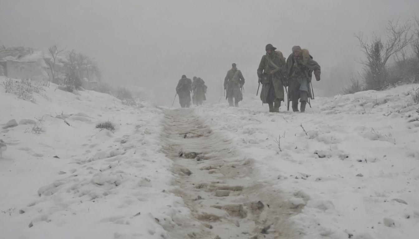 French Soldiers Trudge Through Winter Landscape