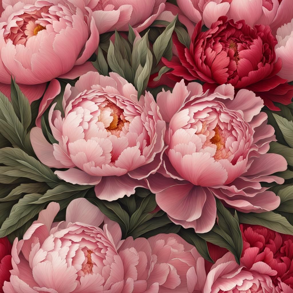 Lush Peony Bouquet in Botanical Art Style