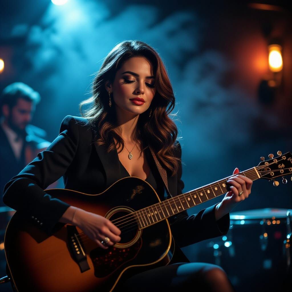 Empowered Woman Plays Guitar in Smoky Jazz Club