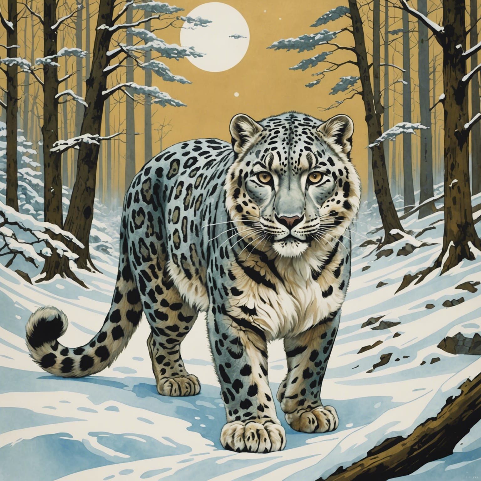Snow Leopard in Forest: Shin Hanga Retropunk Gouache