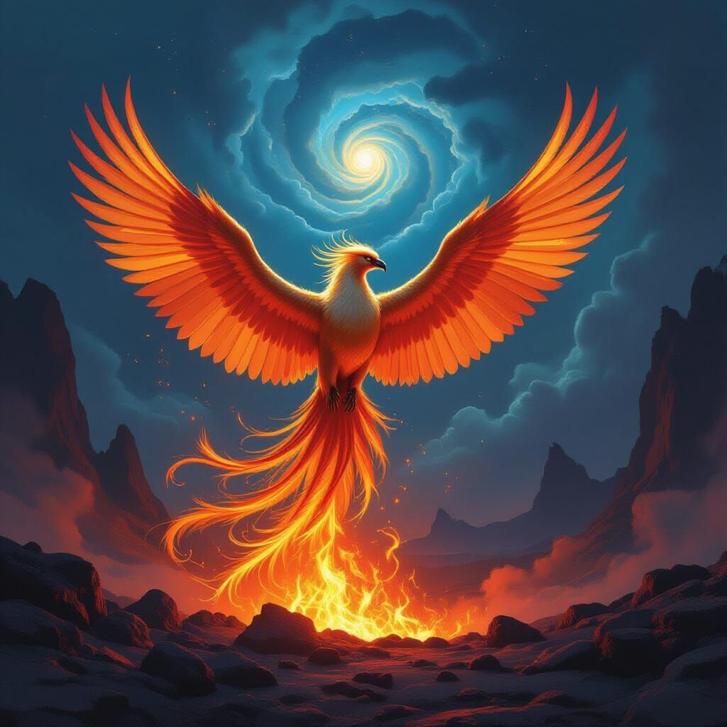 Majestic Phoenix Rises From Embers in Cosmic Volcanic Landsc...