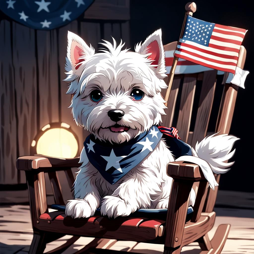 Westie Patriot on Rocking Chair in Anime Style