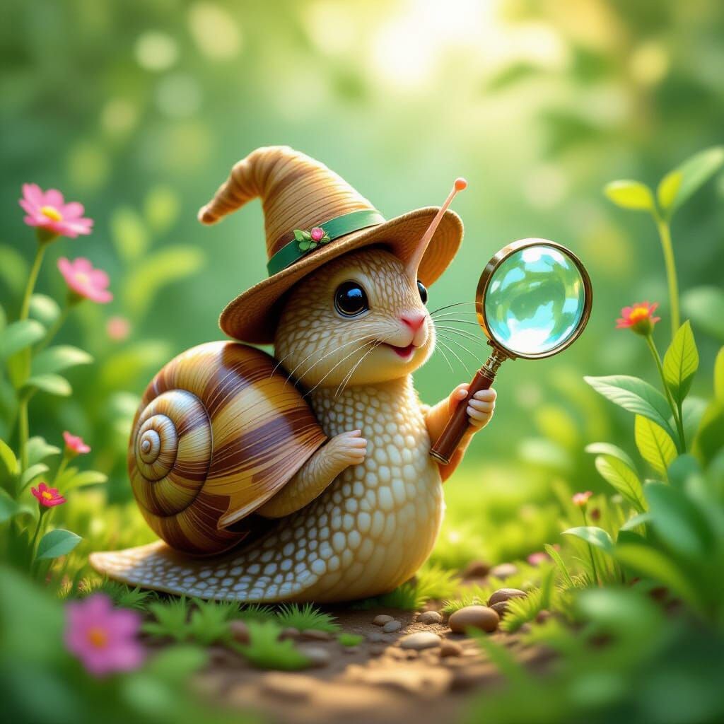 Snail Detective in a Whimsical Garden
