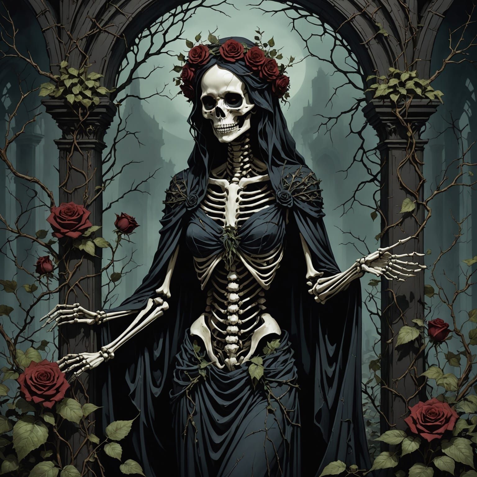 Gothic Skeleton Goddess on Crumbling Altar