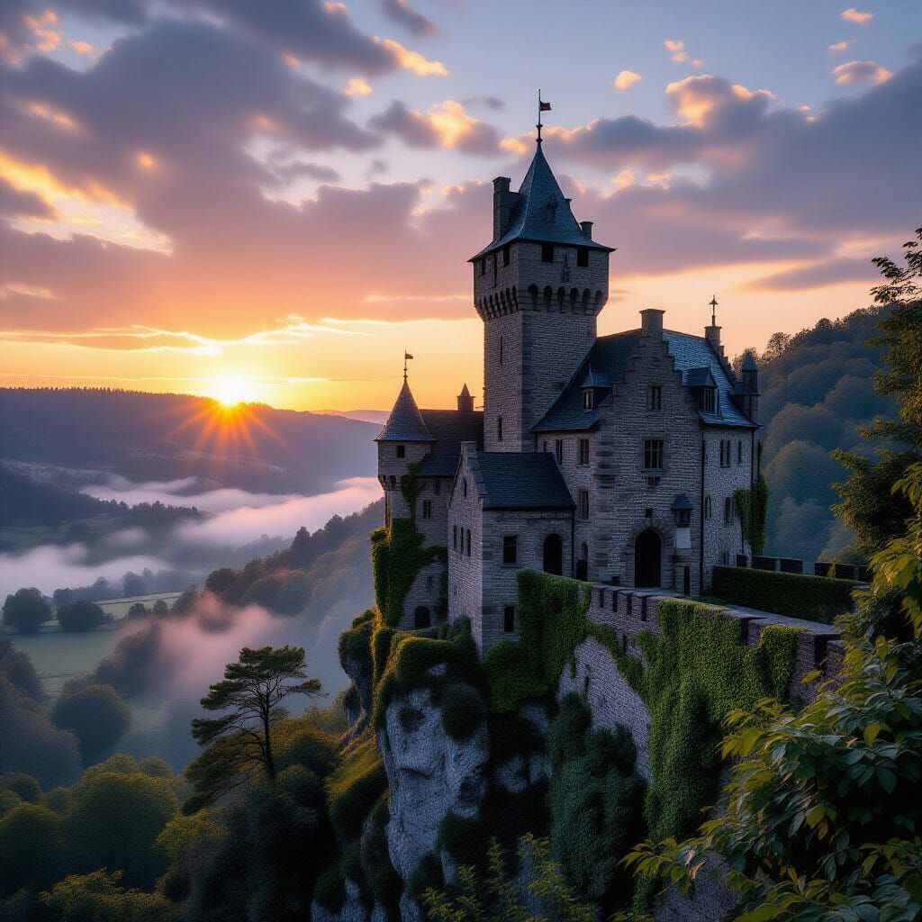 Majestic Medieval Castle on Cliff at Sunset