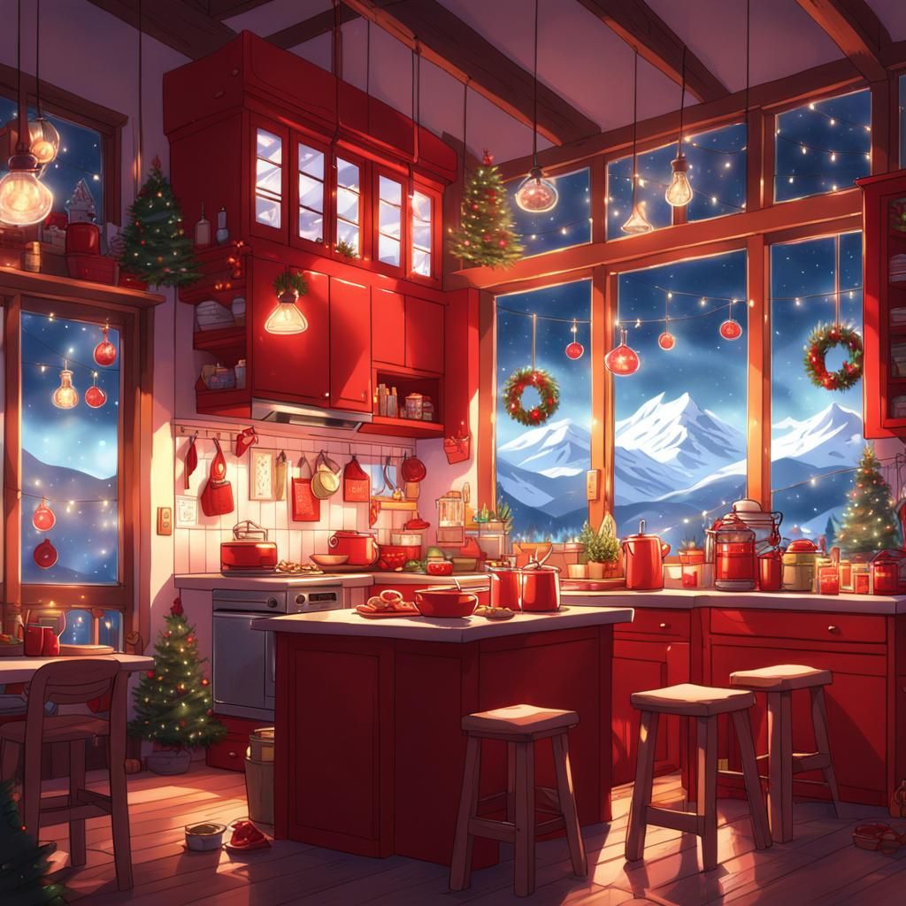 Cozy Christmas Kitchen with Mountain View, Anime Art