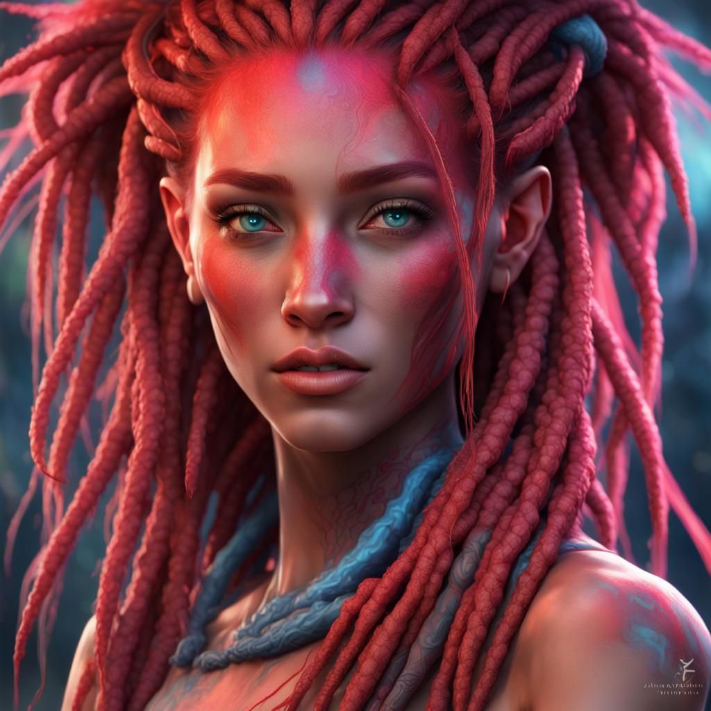 Na'vi Avatar Portrait with Red Dreadlocks and Lava Skin