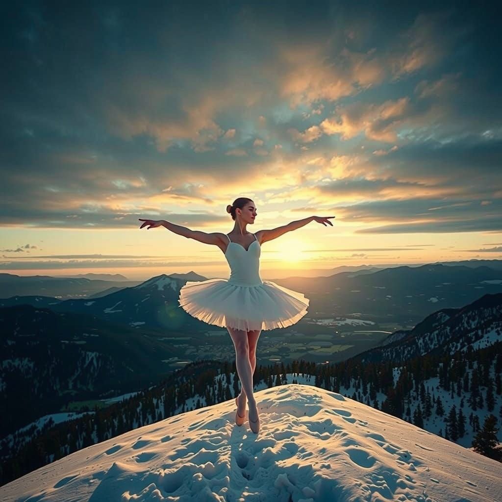Ethereal Ballerina Reigns Majestic Mountain Peak at Sunset