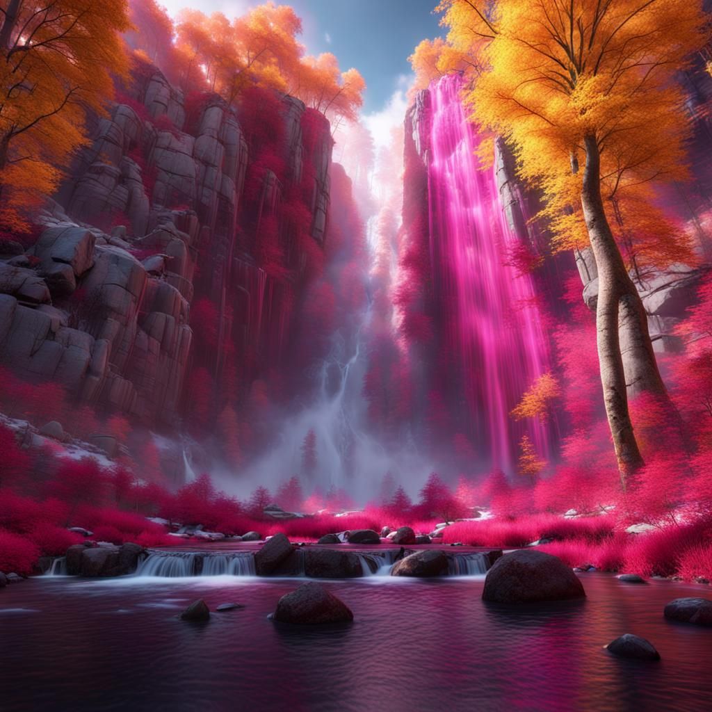 Magenta Autumn Waterfall with Yellow Aurora