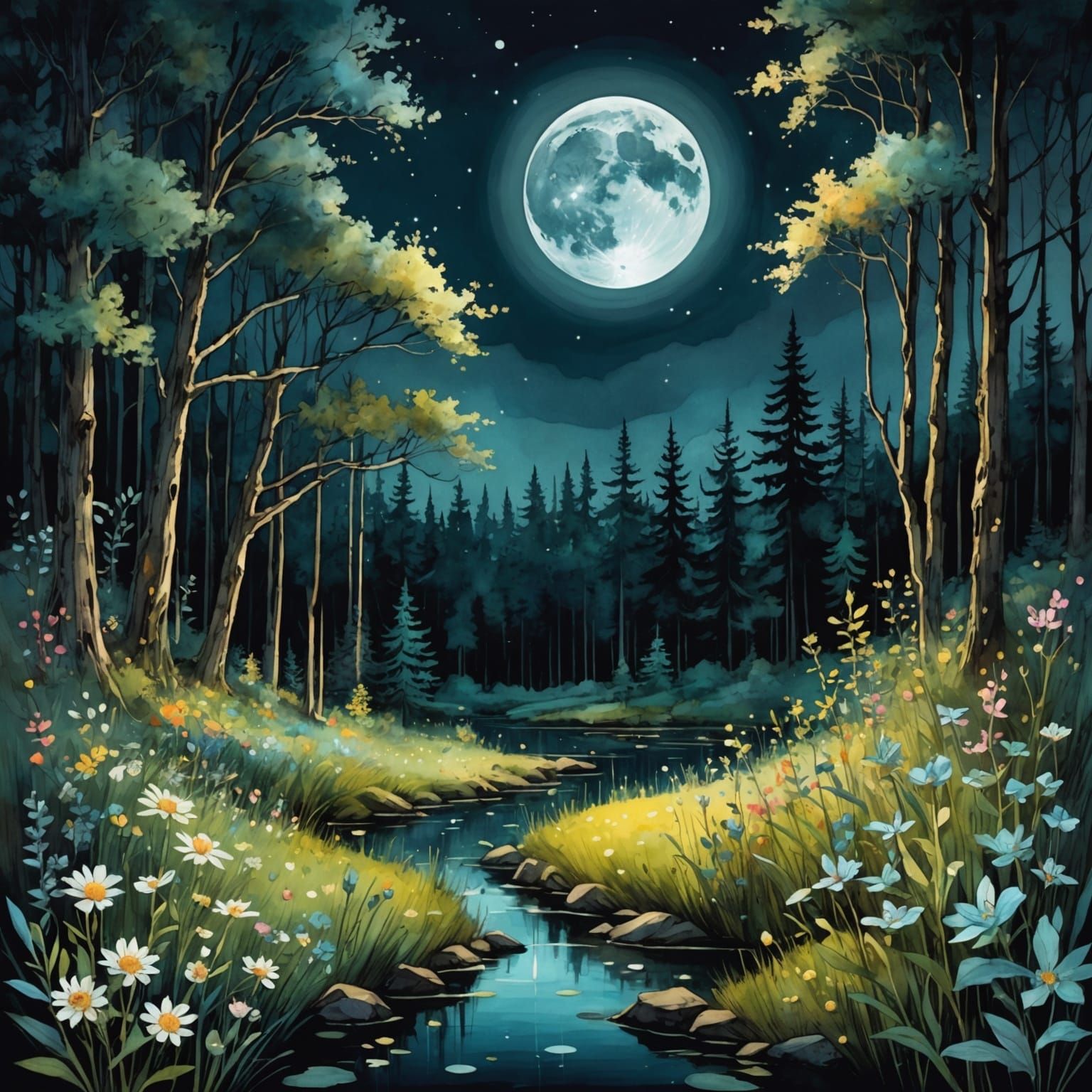 Moonlit Meadow: Digital Watercolor Fantasy