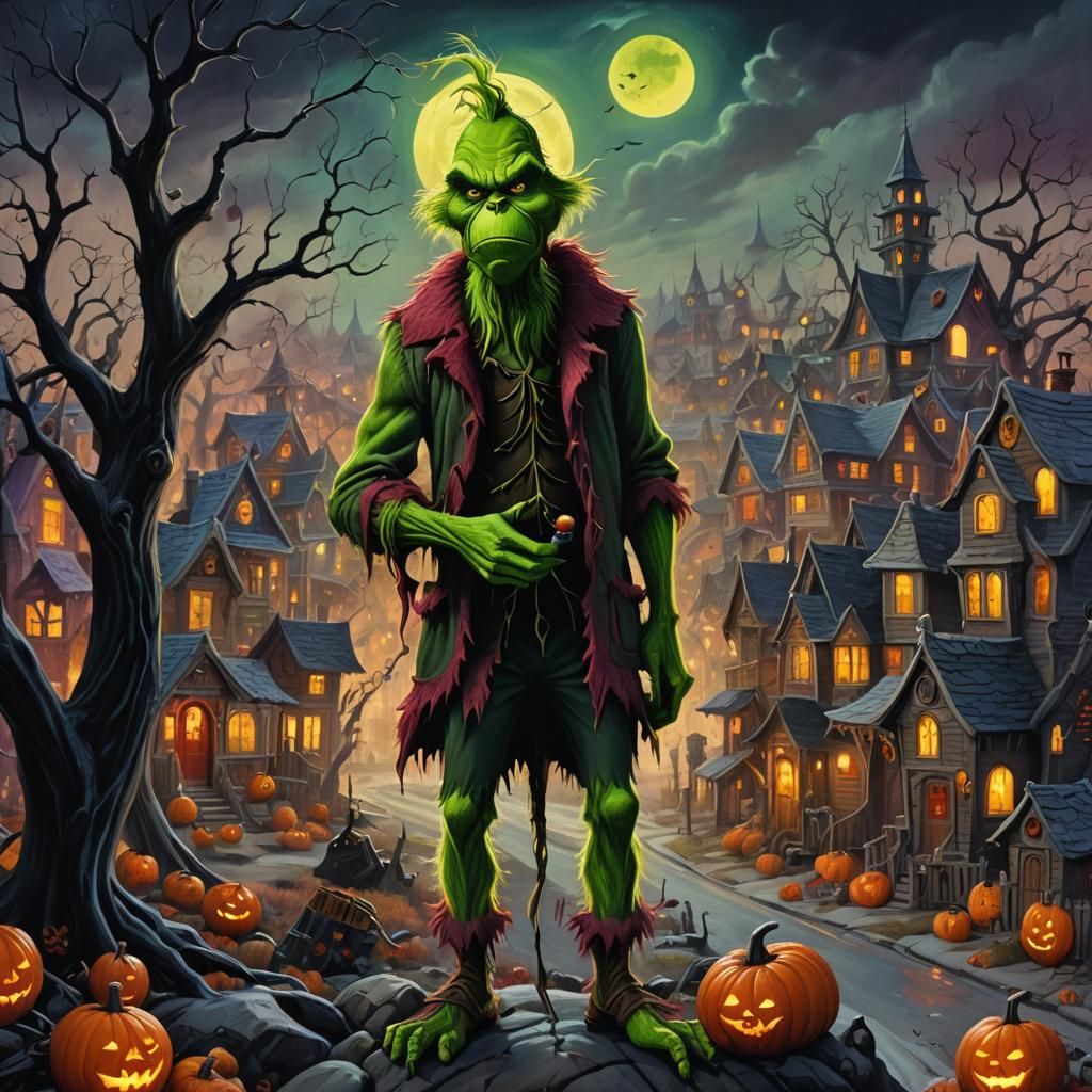 Grinch Steals Halloween in Dark Fantasy Oil Painting