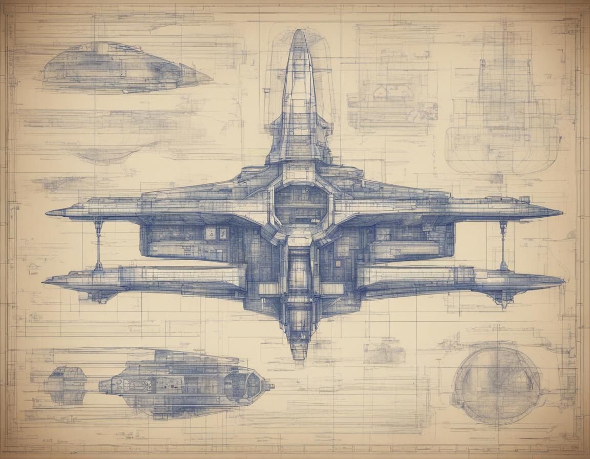 Vintage Spaceship Blueprint Technical Drawing