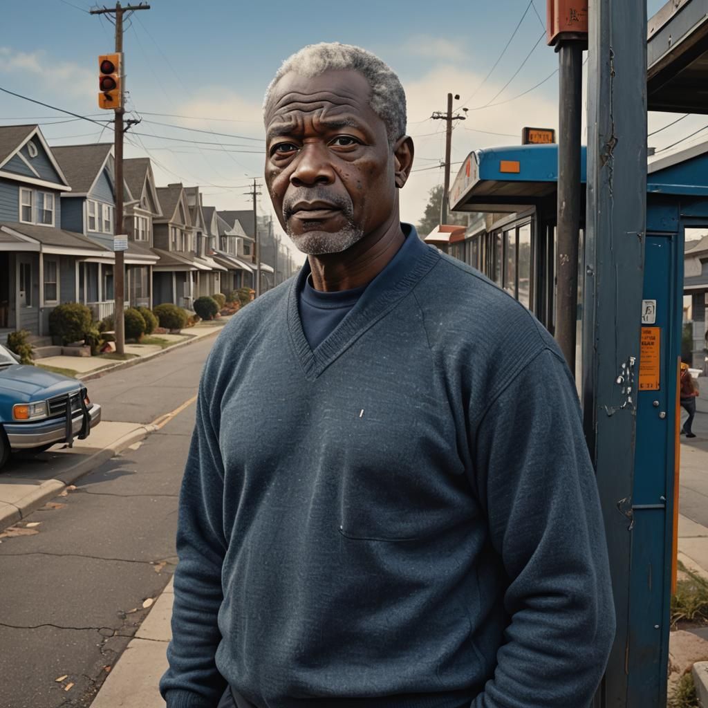Elderly Man Waiting at Bus Stop: Photorealistic Concept Art