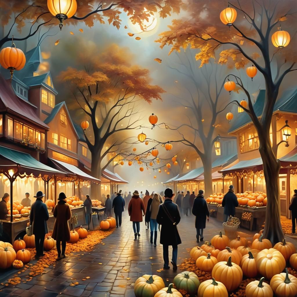 Autumn Marketplace: Ethereal Oil Painting
