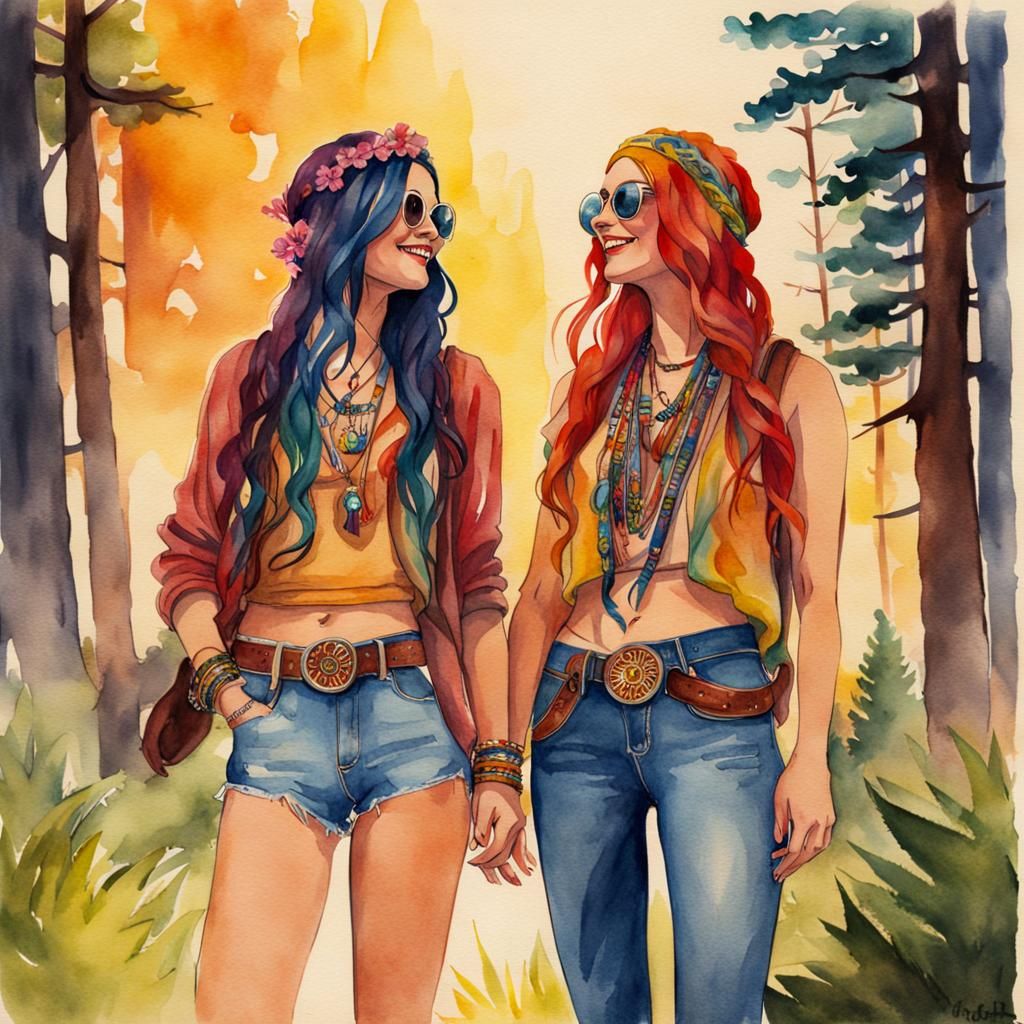 Watercolor Concept Art of a Hippie Lesbian