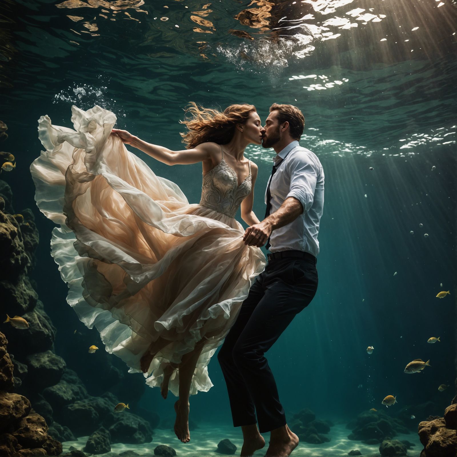 Romantic Underwater Kiss: A Photorealistic Vision