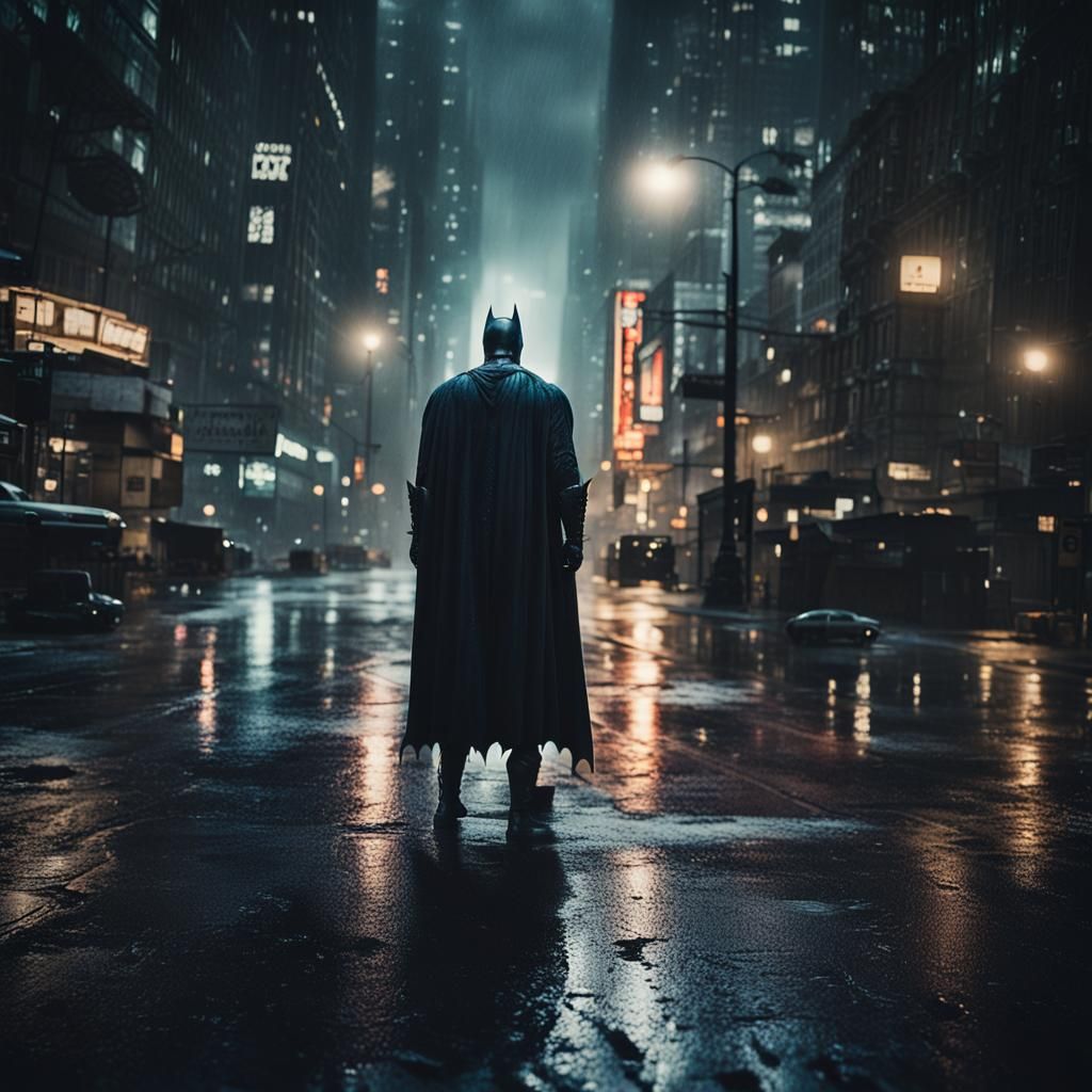 Batman in Gotham City at Night: Cinematic Realism