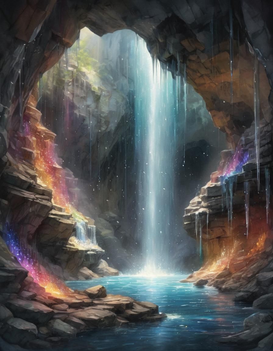 Musical Waterfall in Cave with Crystalline Light Show