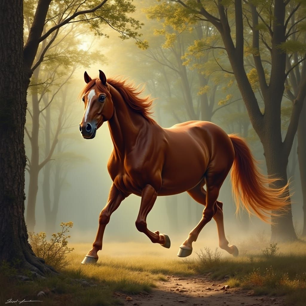 Majestic Chestnut Quarter Horse Galloping Through a Forest i...