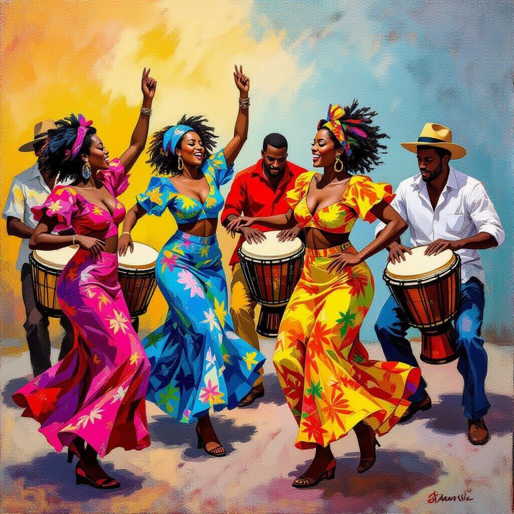 Santeria Dancers and Drummers in Expressive Style