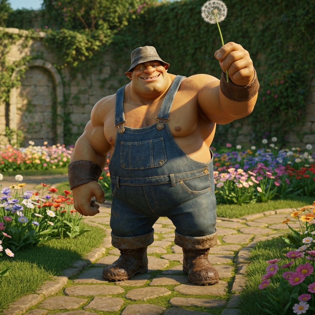 A mighty ogre, with thick slabs of muscle, wearing a weather...