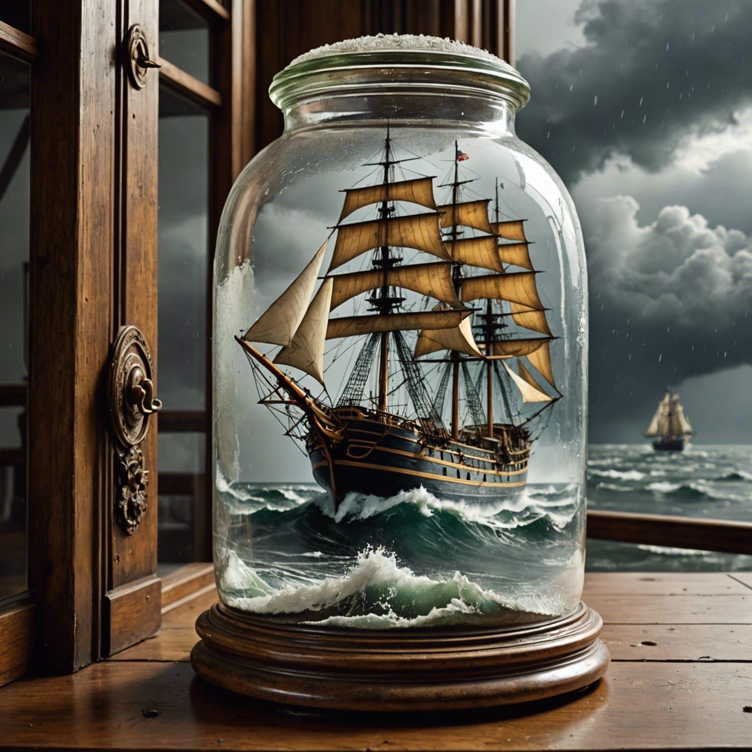 Sailing Ship Seastorm Encased in Antique Jar