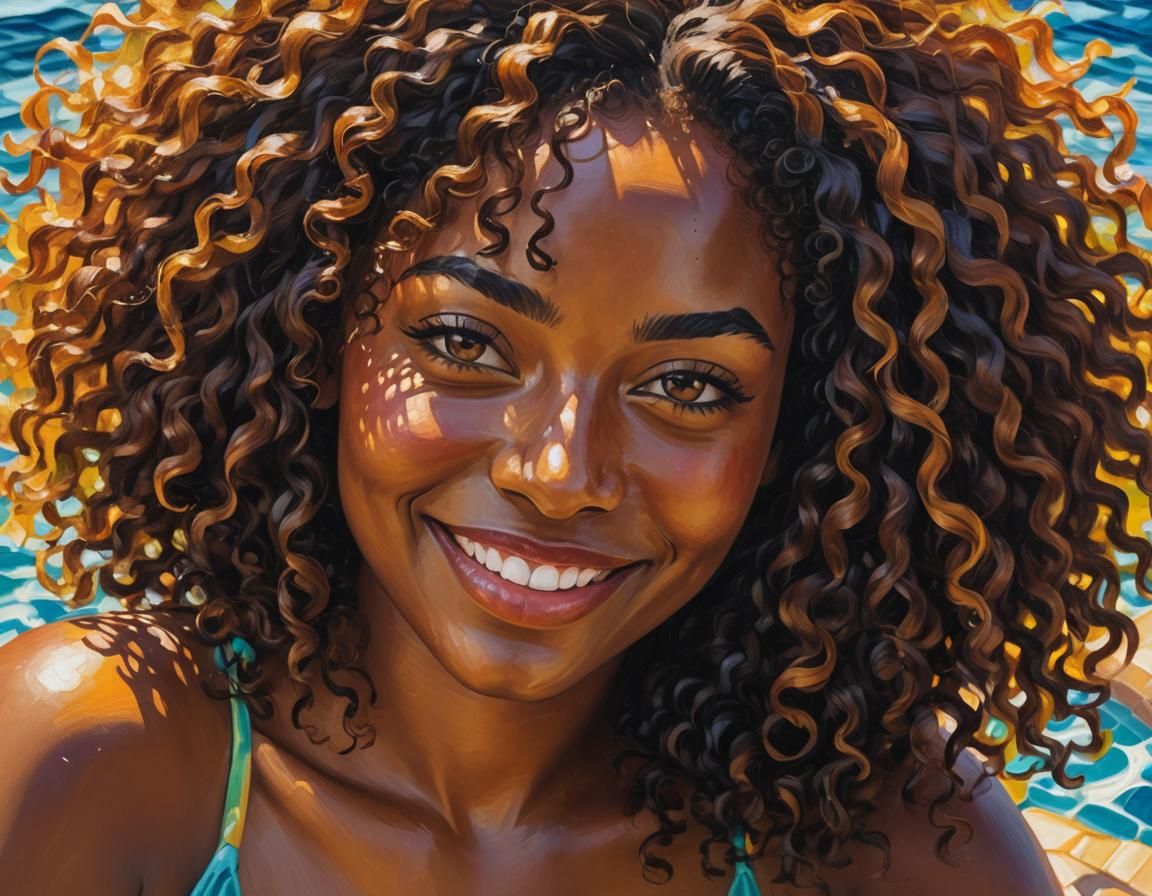 Vibrant Portrait of a Dark-Skinned Young Woman by a Sunny Po...
