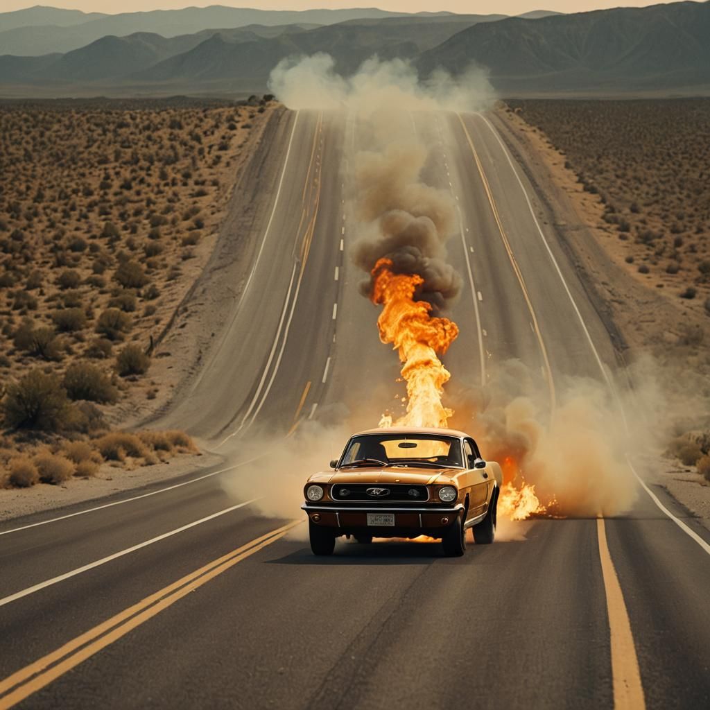 Fiery 1966 Ford Mustang on Highway: Cinematic Still