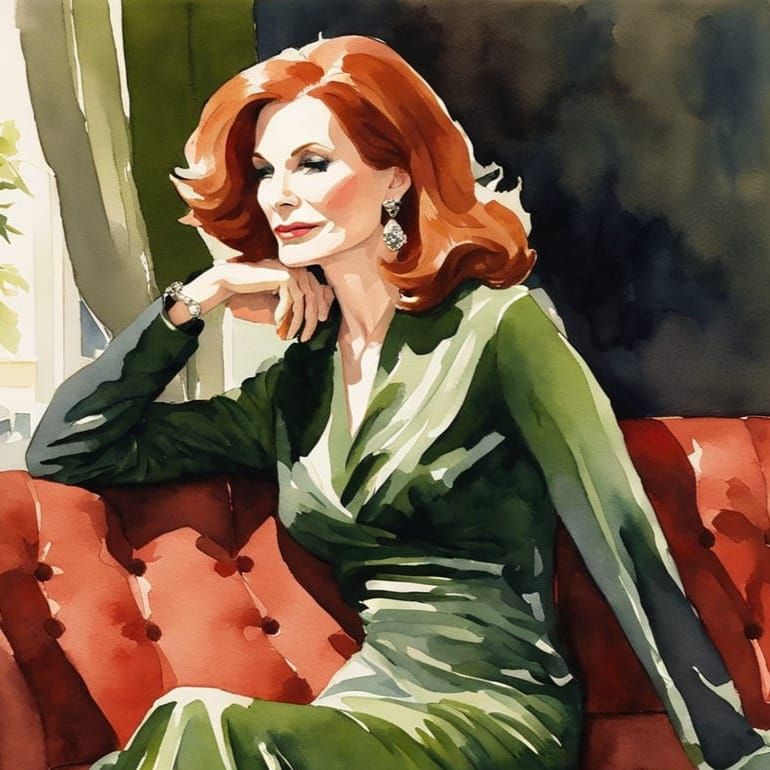 Elegant Woman in Green Gown: Impressionistic Watercolor