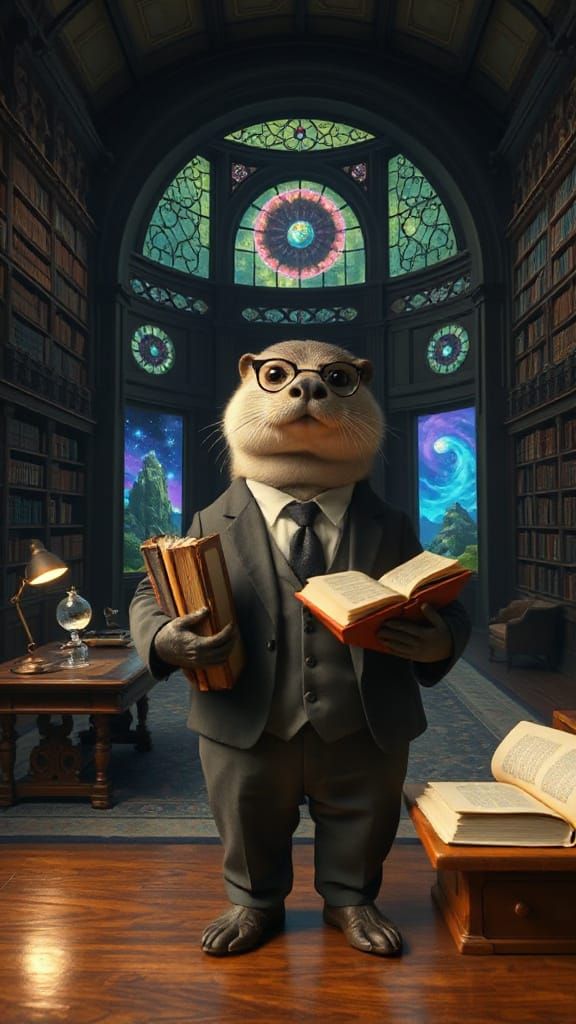 Surreal Otter Librarian in a Grand Library
