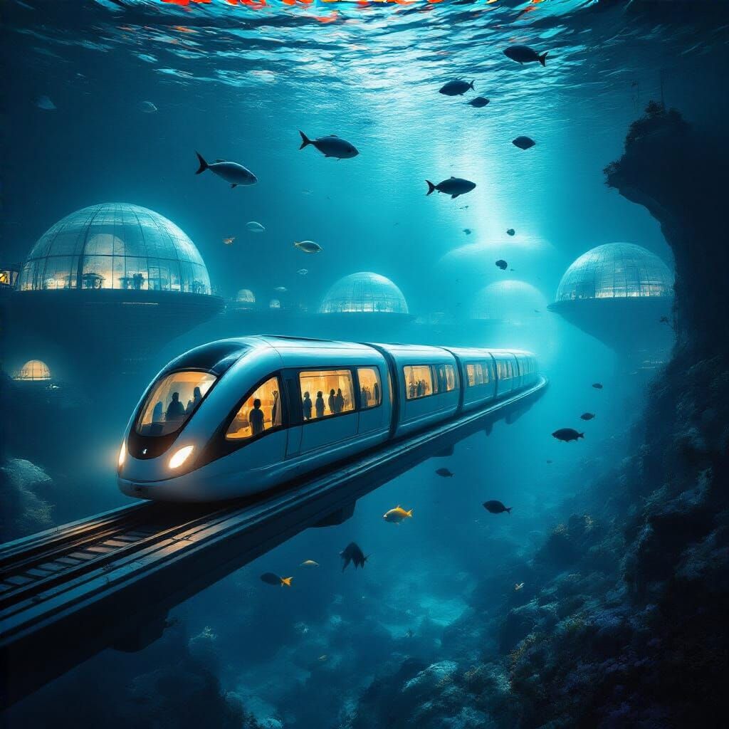 Futuristic Underwater Transit System with Glowing Train