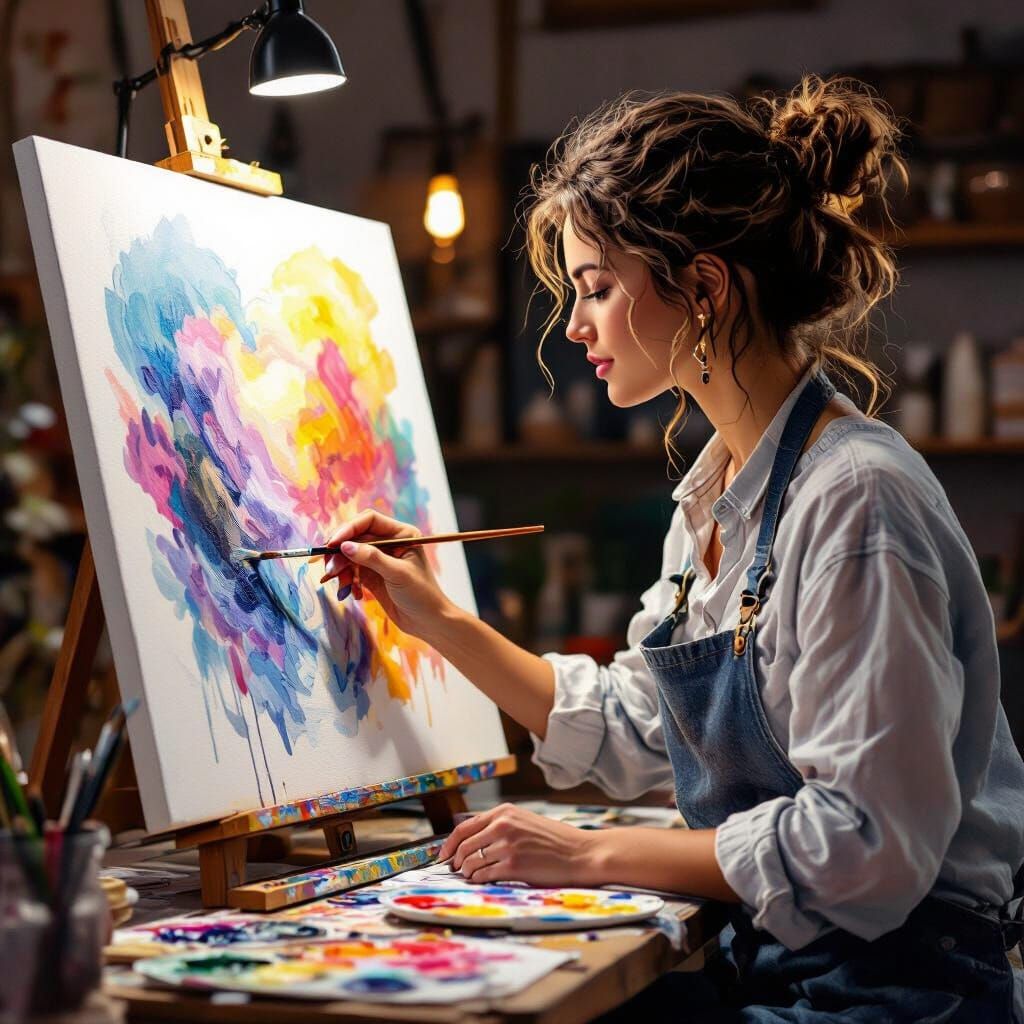 Artist Painting on Canvas in Vector Watercolor Style