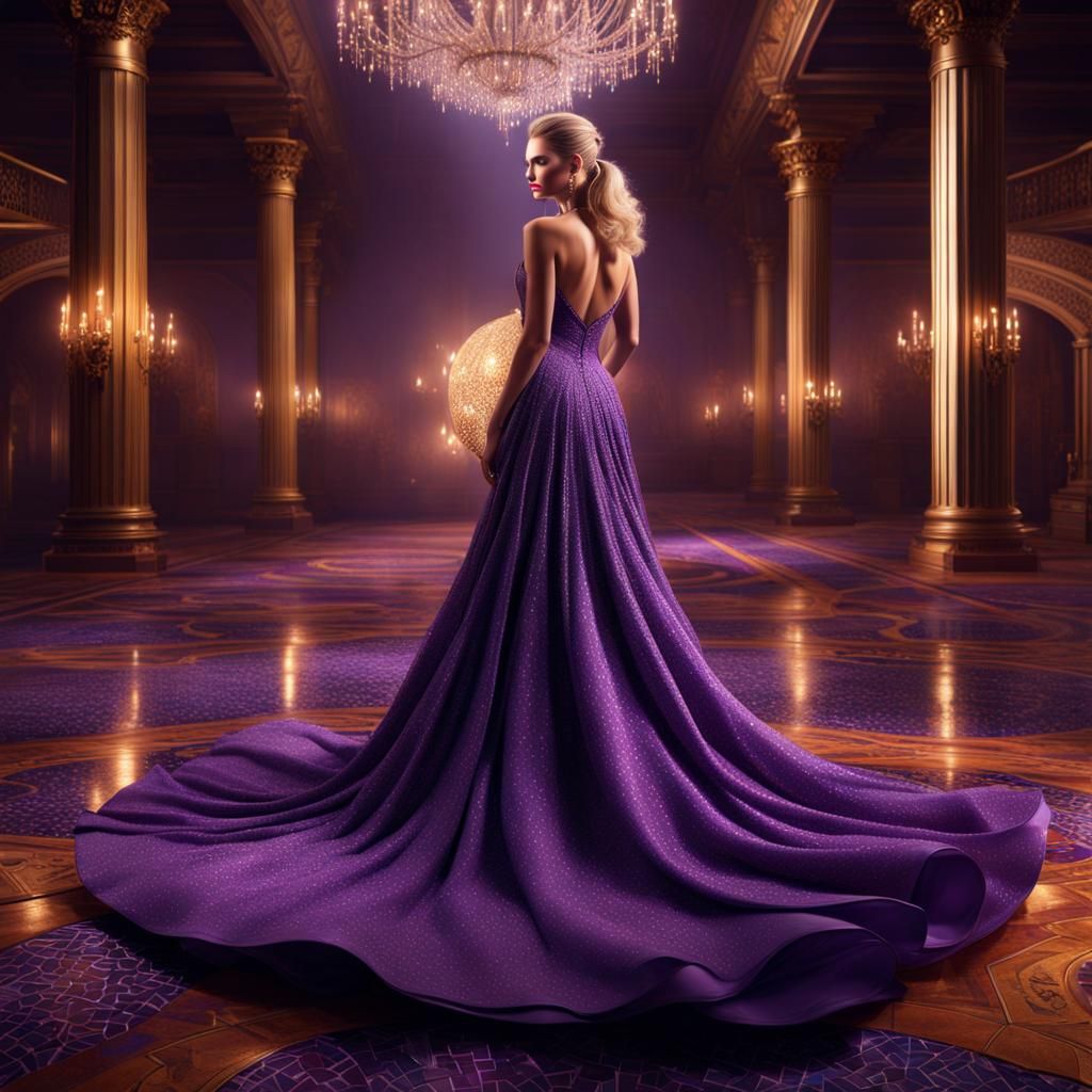 Blonde Woman in Purple Gown on Mosaic Floor