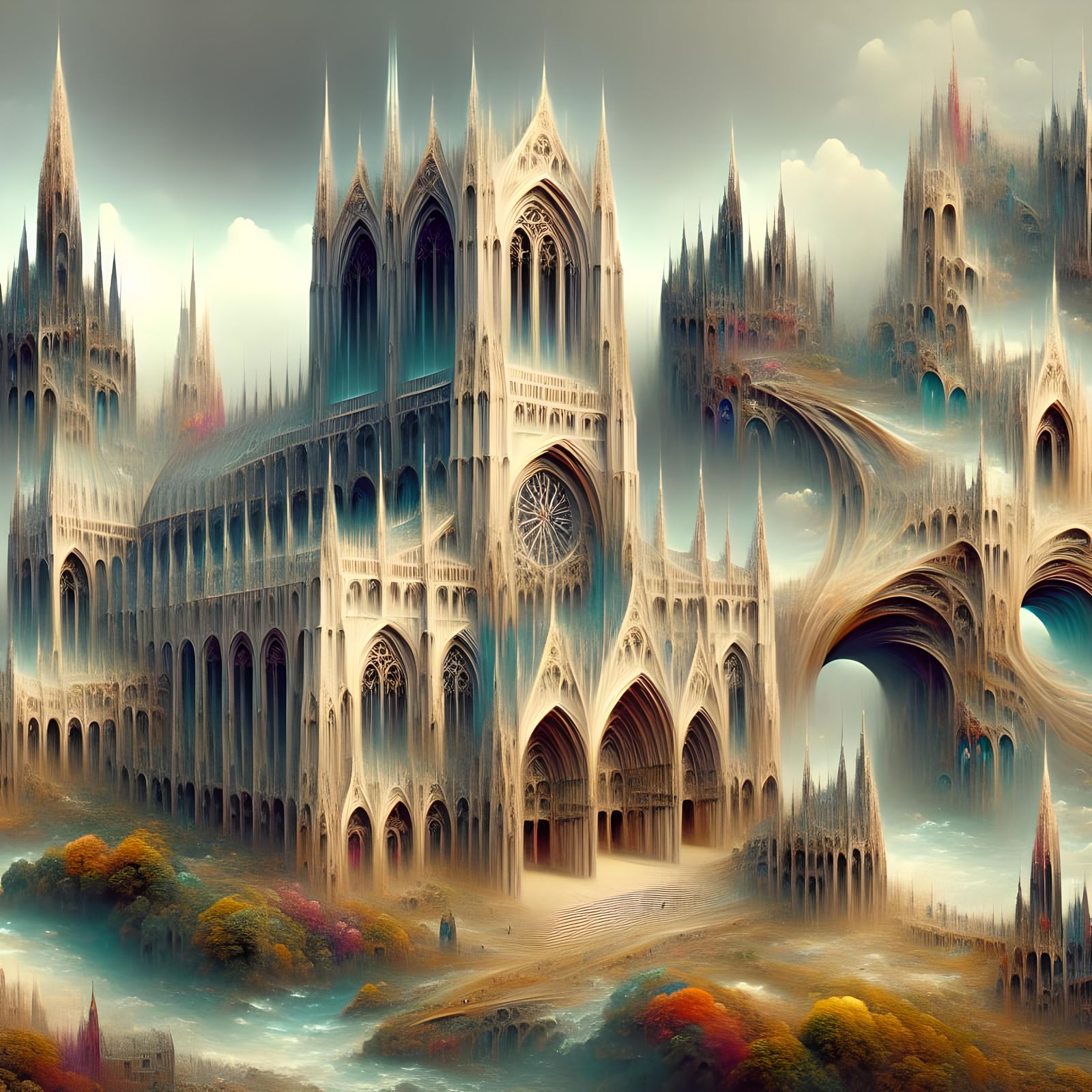 Surreal Gothic Architecture in Dreamlike Mist