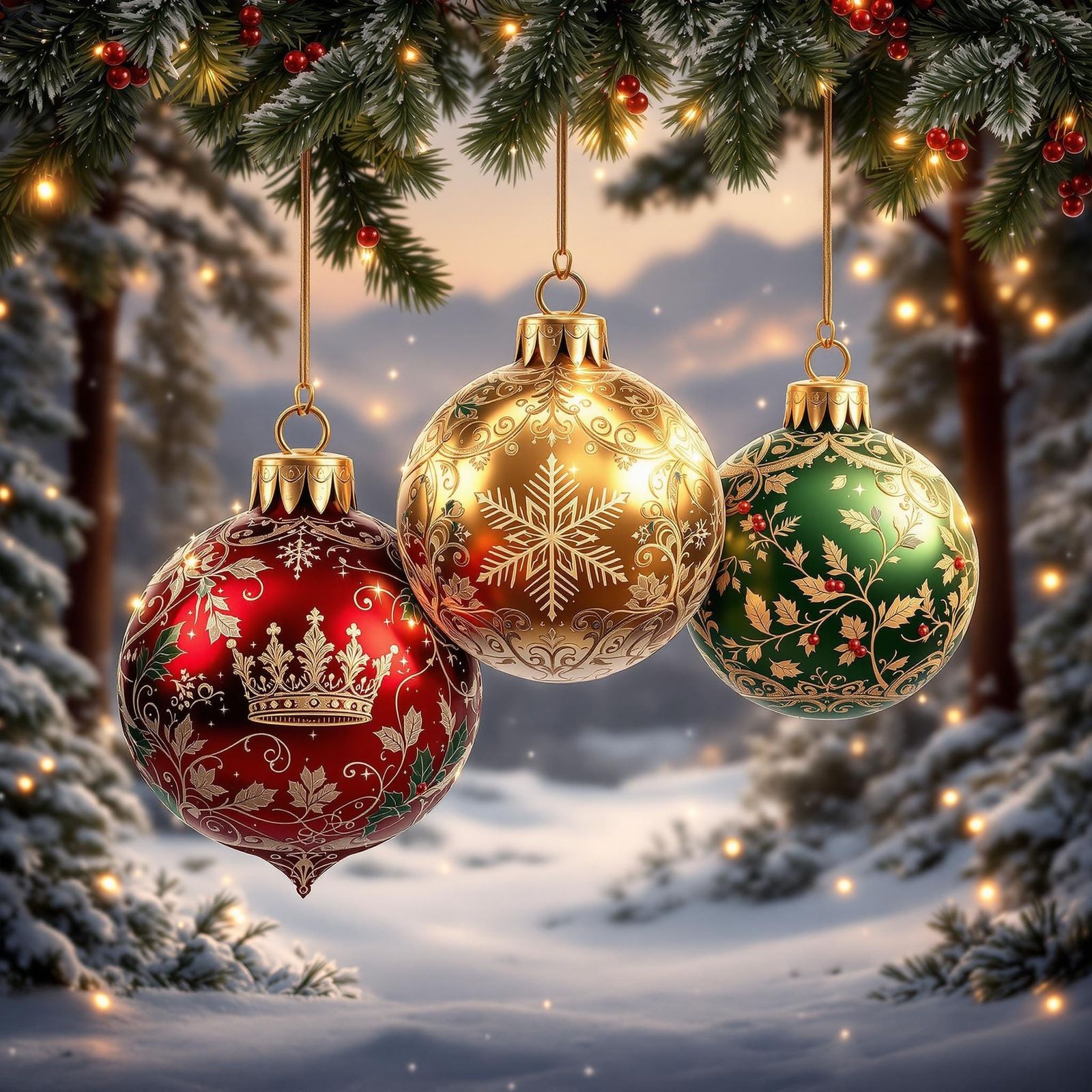 Whimsical Christmas Ornament Trio Amidst Snowy Landscape