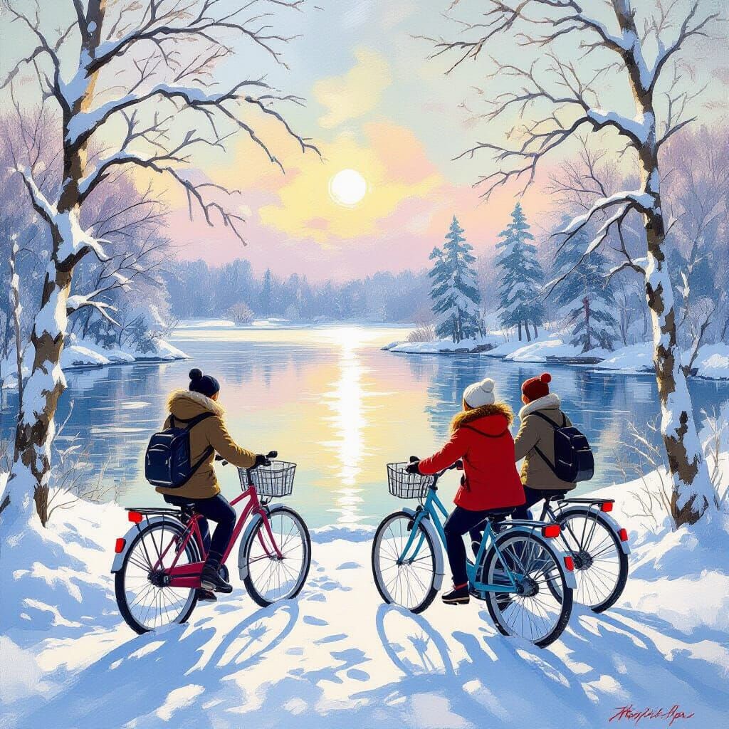 Cyclists on Frozen Lake in Impressionistic Style