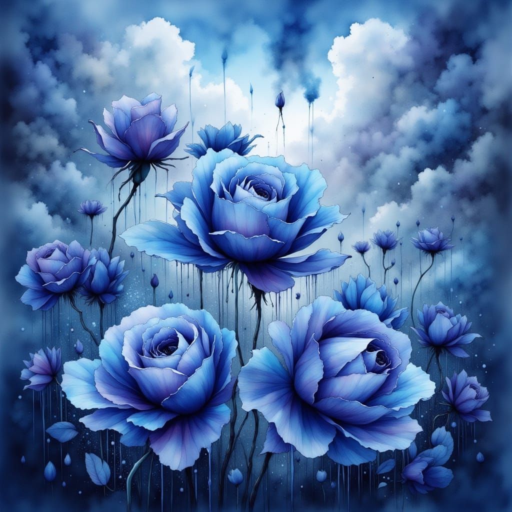 Melting Blue Roses Against Stormy Sky