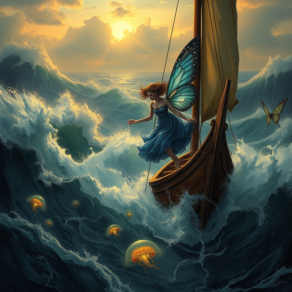 Butterfly Woman Navigating Stormy Seas