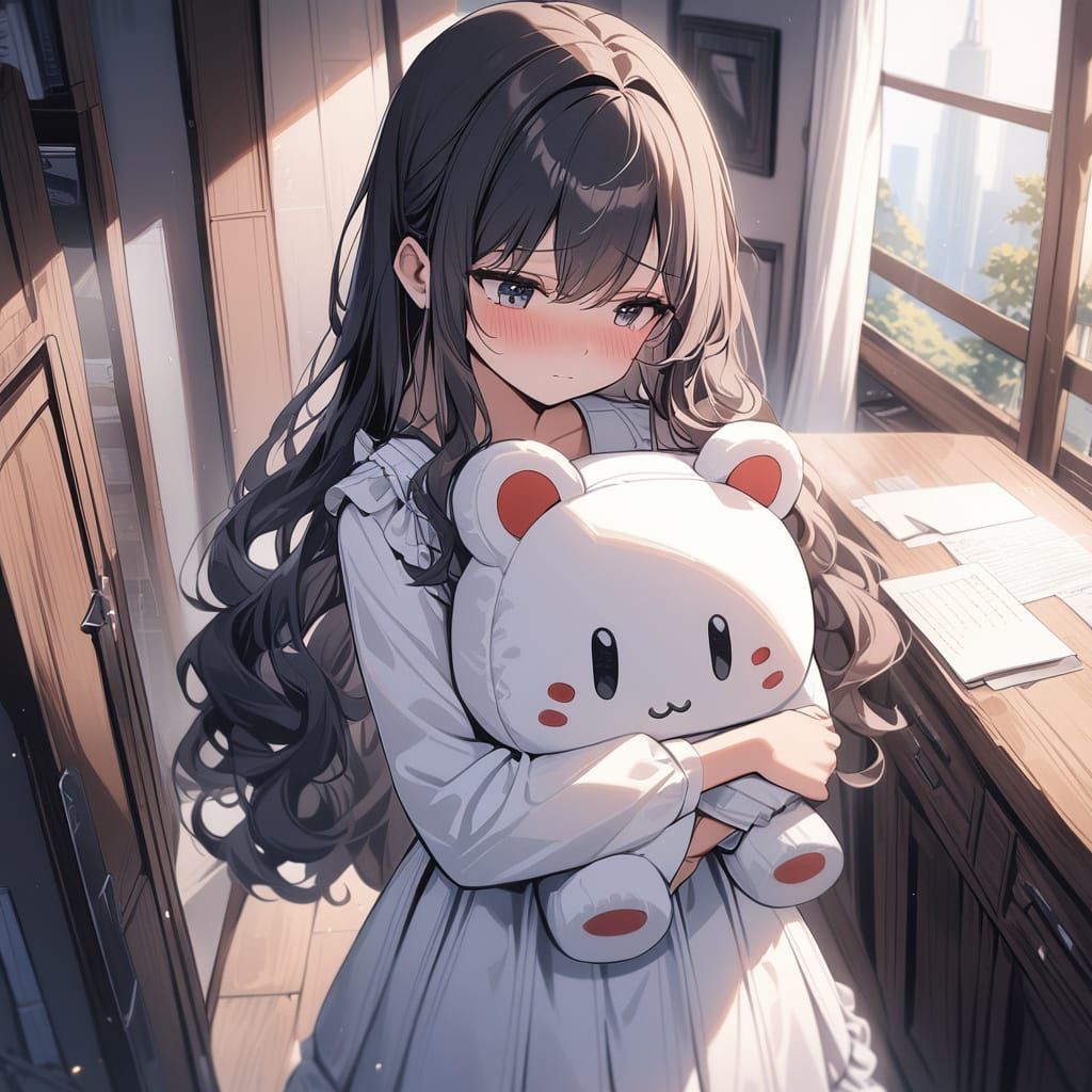 Adorable Girl Hugs Plushie in Elegant White Dress