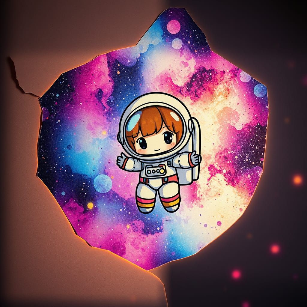 Vibrant Chibi Galaxy Scene with Decoupage Elements